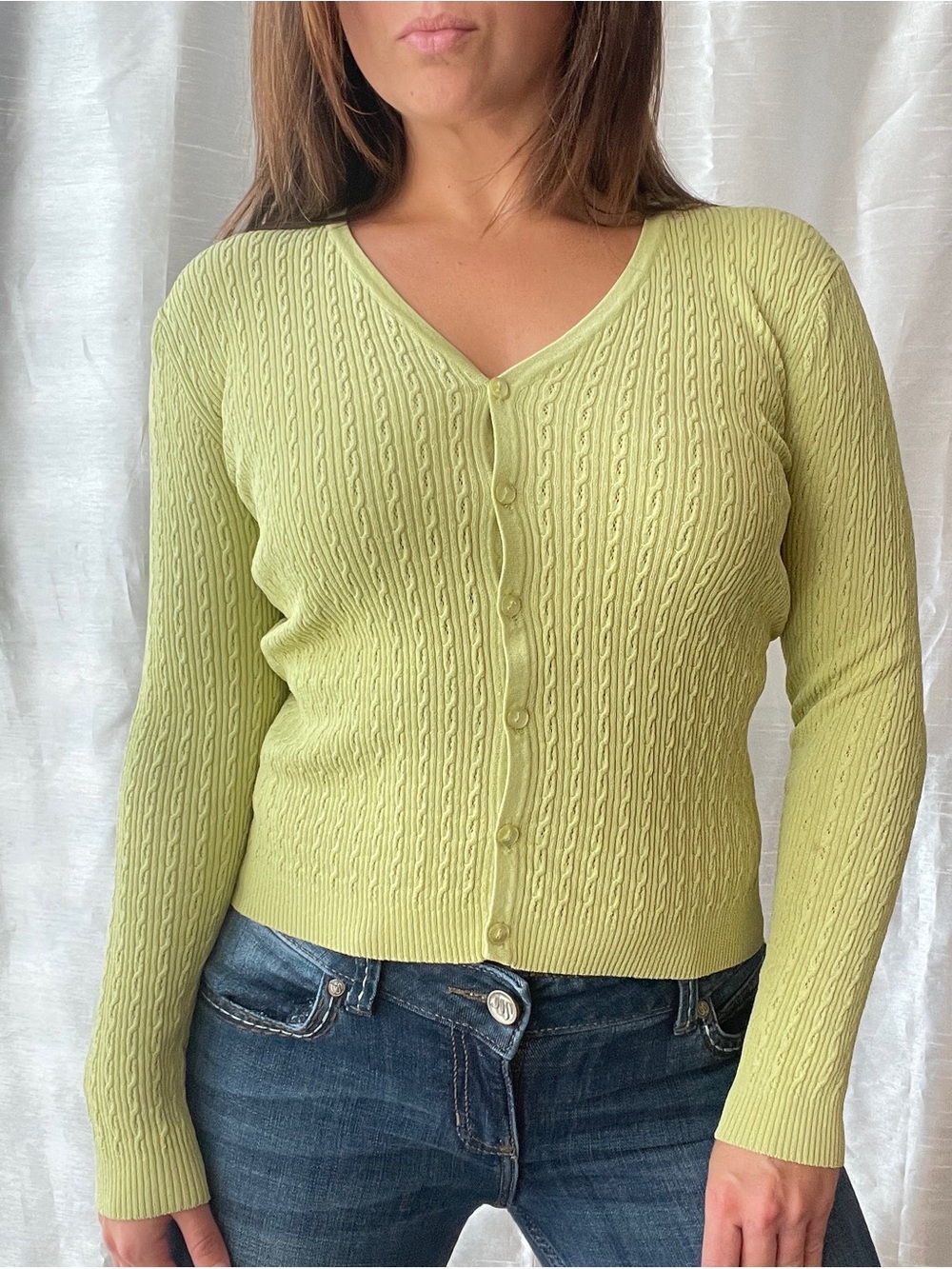 Evie Cable Knit Cardigan Women's Small Green V-Neck Coquette Preppy Academia Y2K